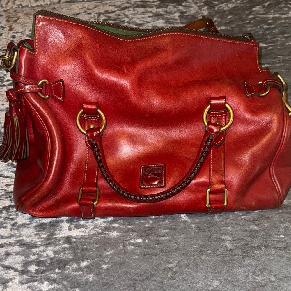 Dooney & Bourke Red Leather Shoulder Bag with Tassels and Gold Hardware
